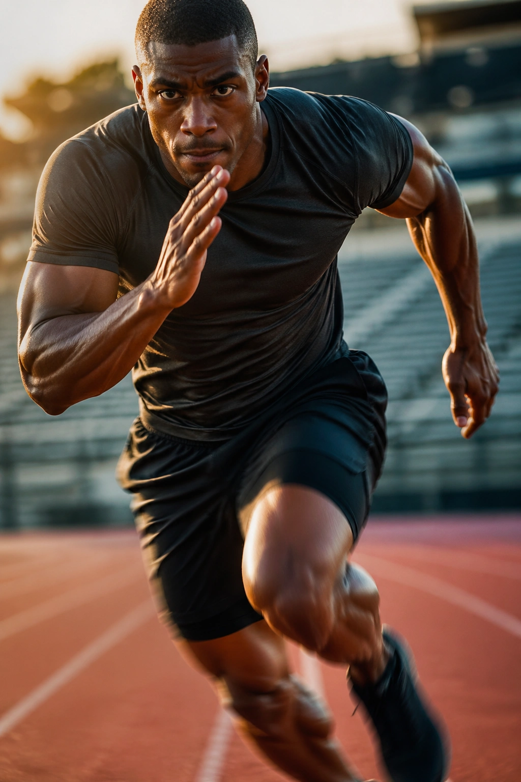 Close-up of a real athlete sprinting on track during athlete-style sprint day