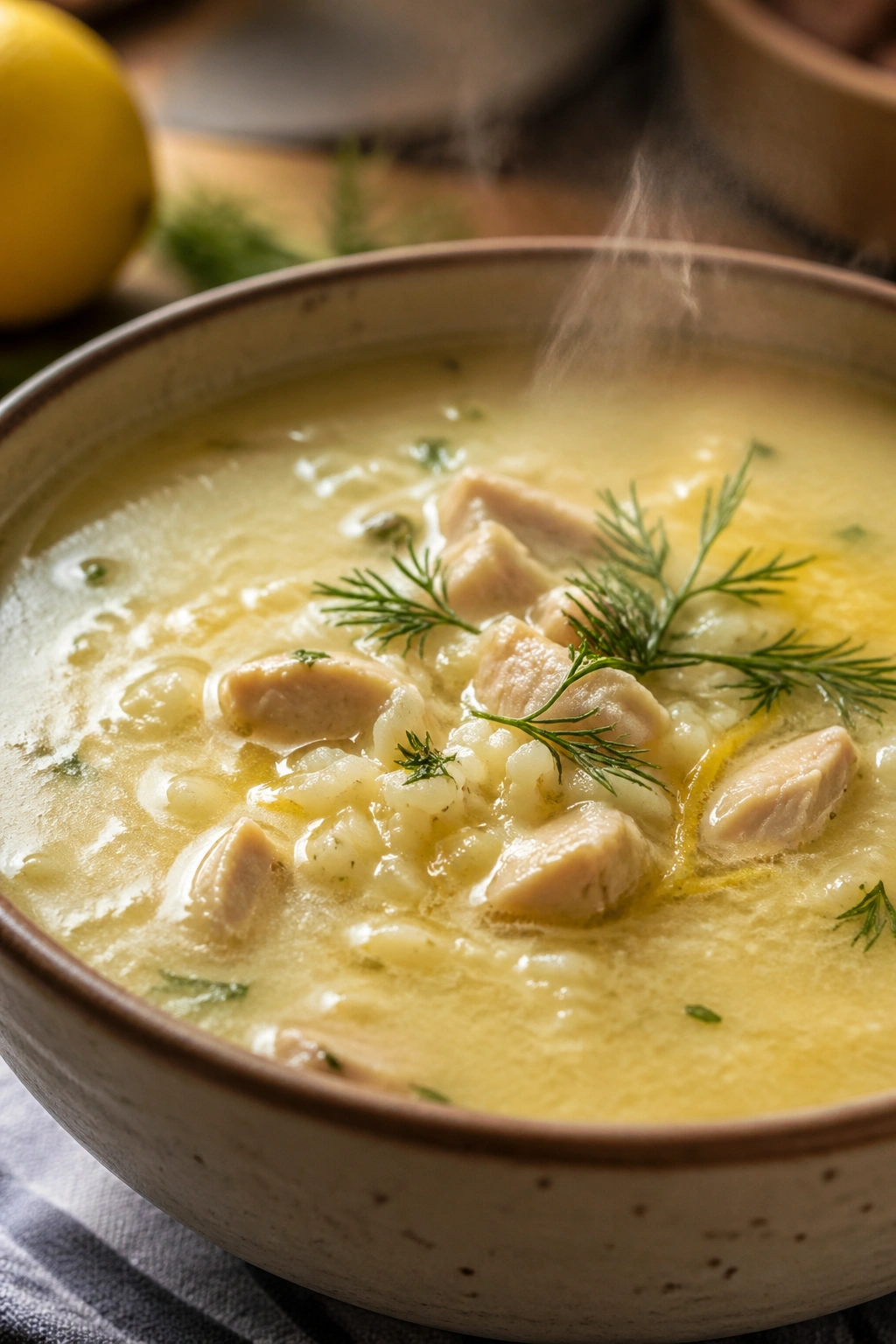 Close-up of Greek lemon chicken avgolemono-style soup in a bowl
