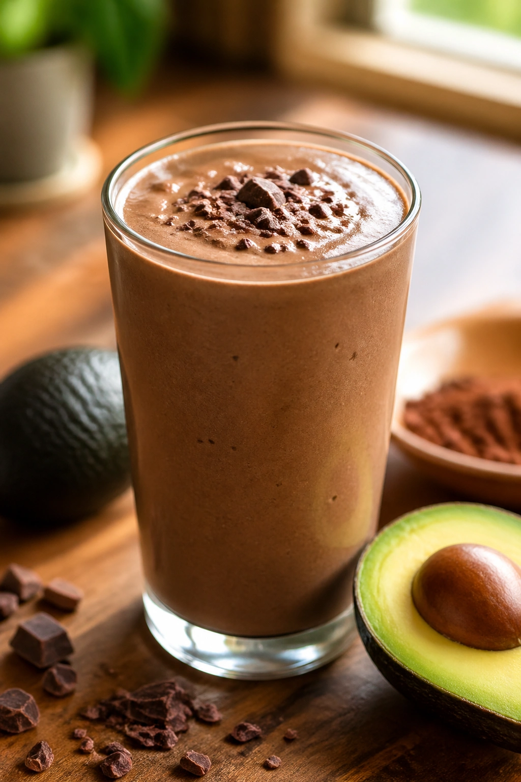 Avocado Cacao Shake in a glass with rich green-brown color