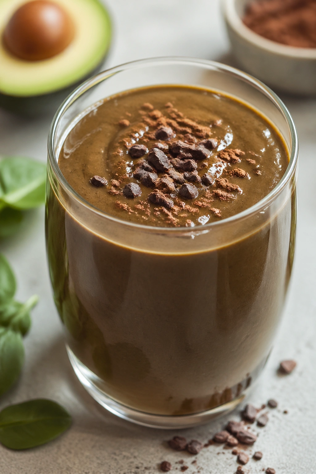 Avocado cocoa green smoothie in a glass
