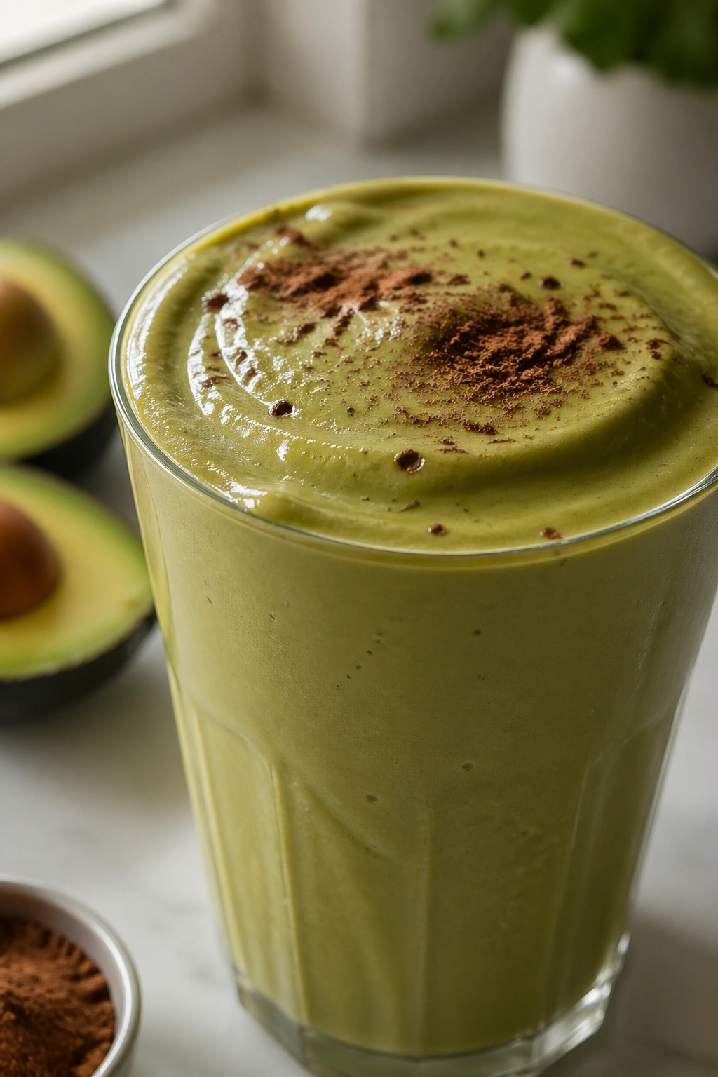 Close-up of a glass of Avocado Cocoa Recovery Shake in a home kitchen
