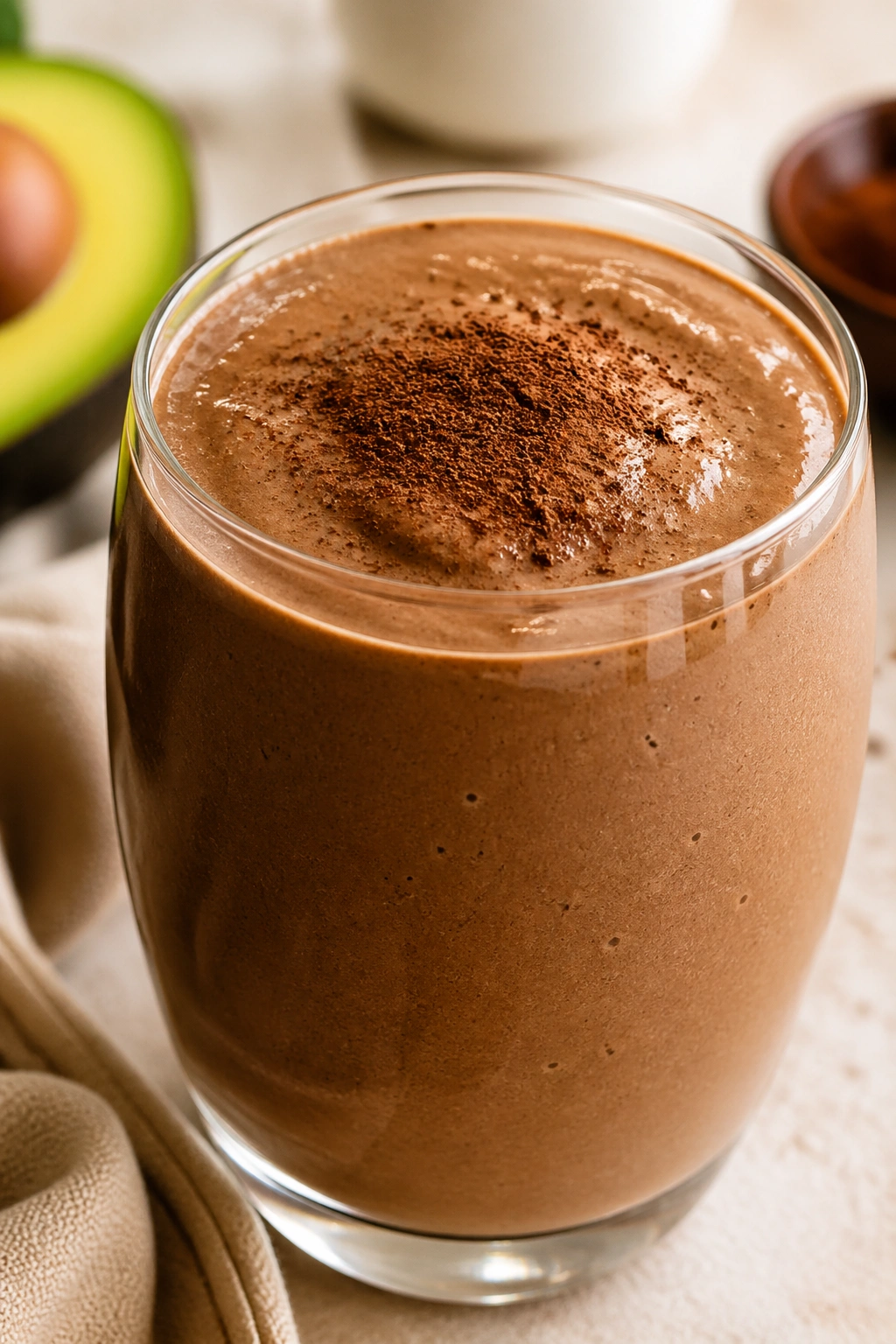 Close-up of avocado cocoa smoothie in a glass, creamy texture