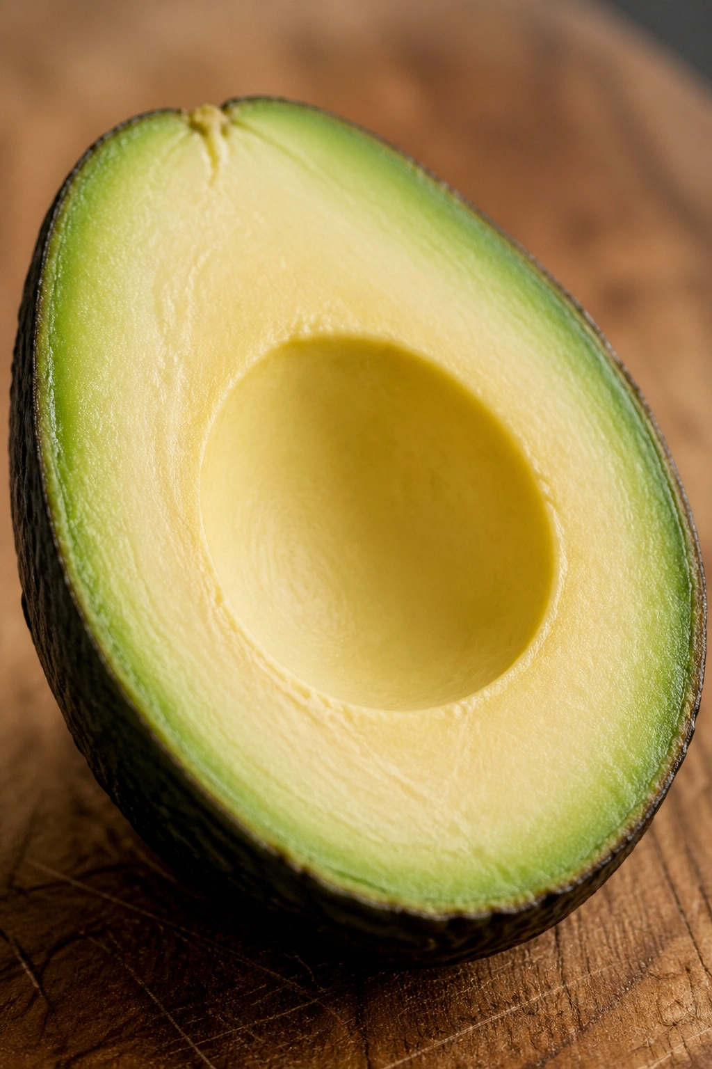 Close-up of a halved avocado showing creamy green flesh on a wooden board