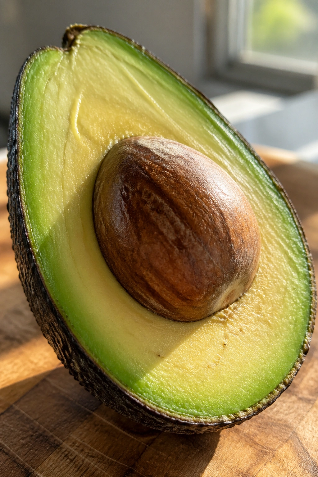 Close-up of a halved avocado with seed on a wooden cutting board in sunlit kitchen