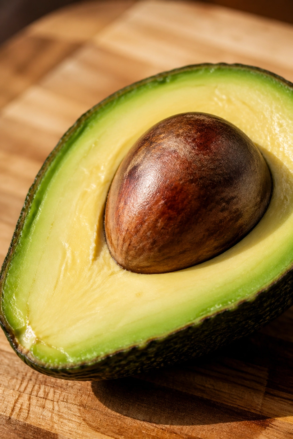Half avocado with bright green flesh on wooden board