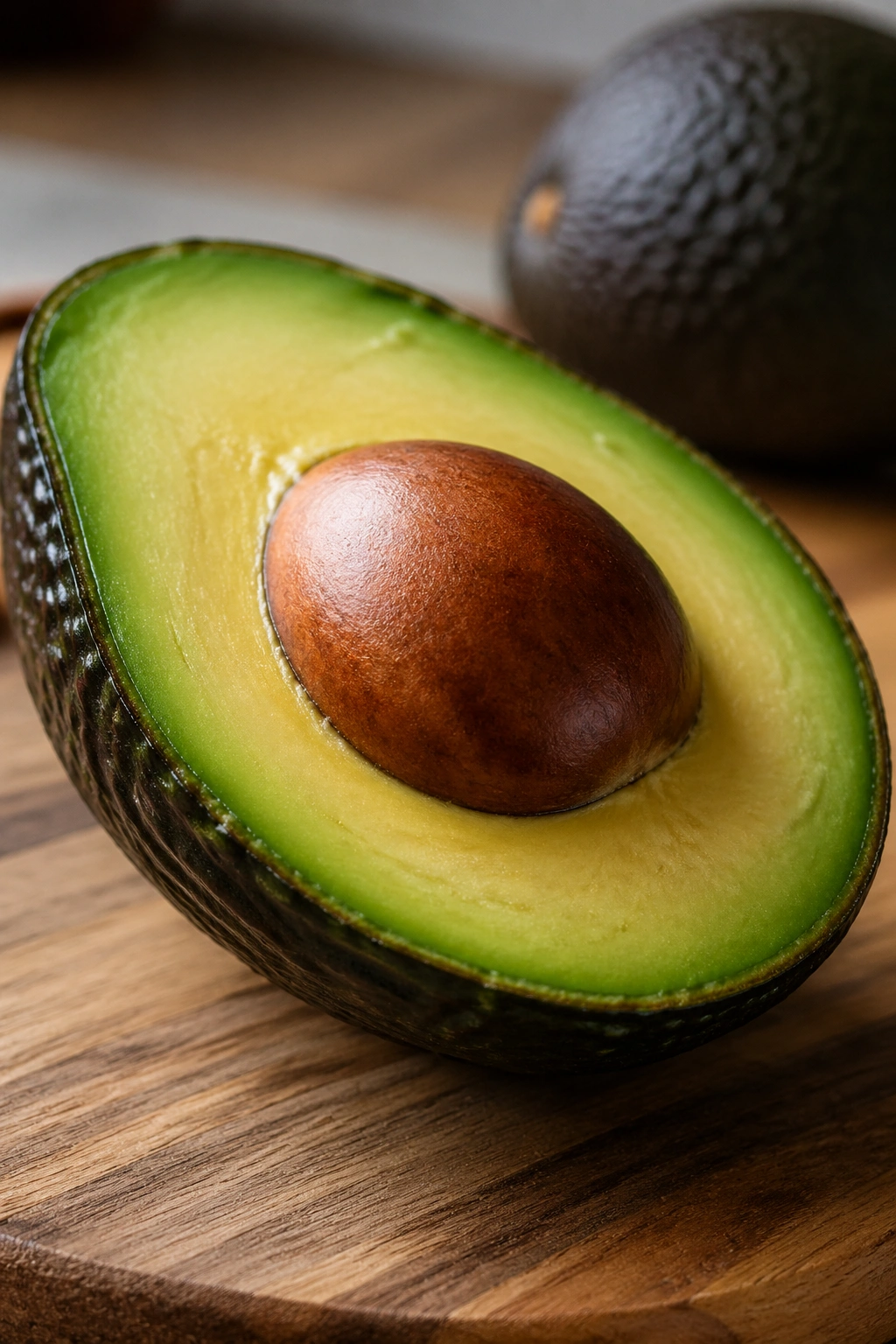 Halved avocado showing bright green flesh on a cutting board