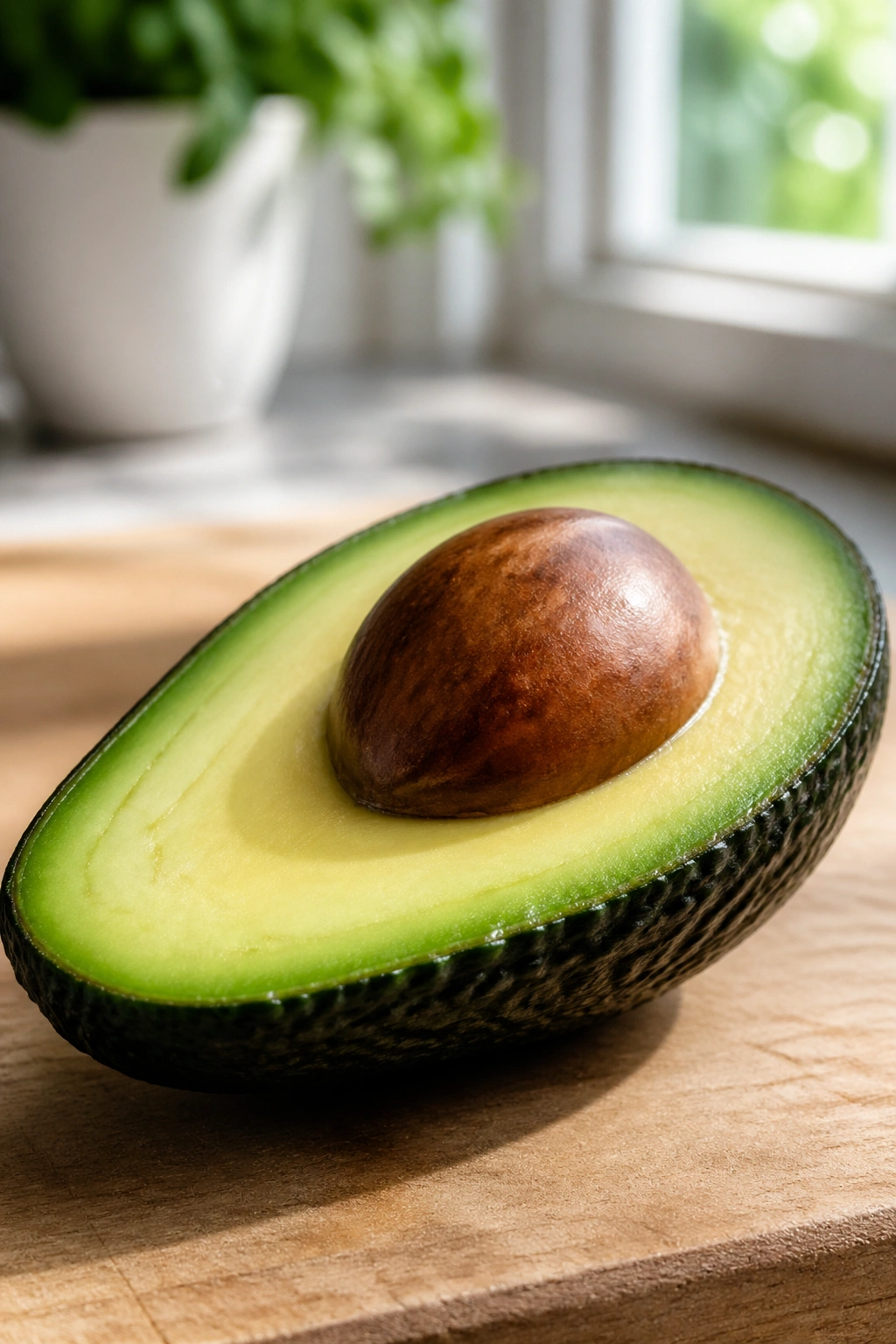 Close-up of halved avocado with bright green flesh