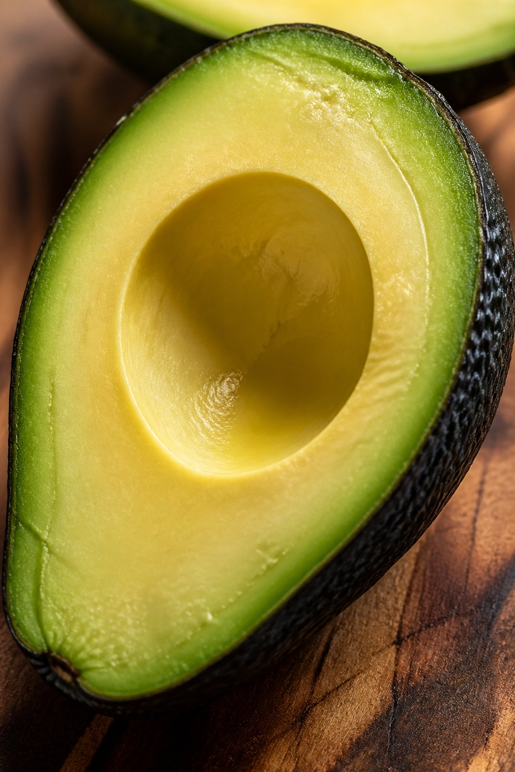 Close-up of a ripe avocado half with vivid green flesh on a rustic cutting board