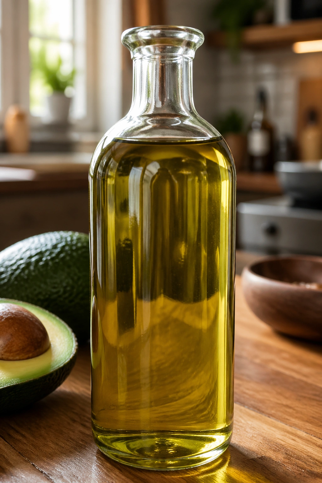 Close-up of an unlabeled bottle of avocado oil on a warm kitchen counter