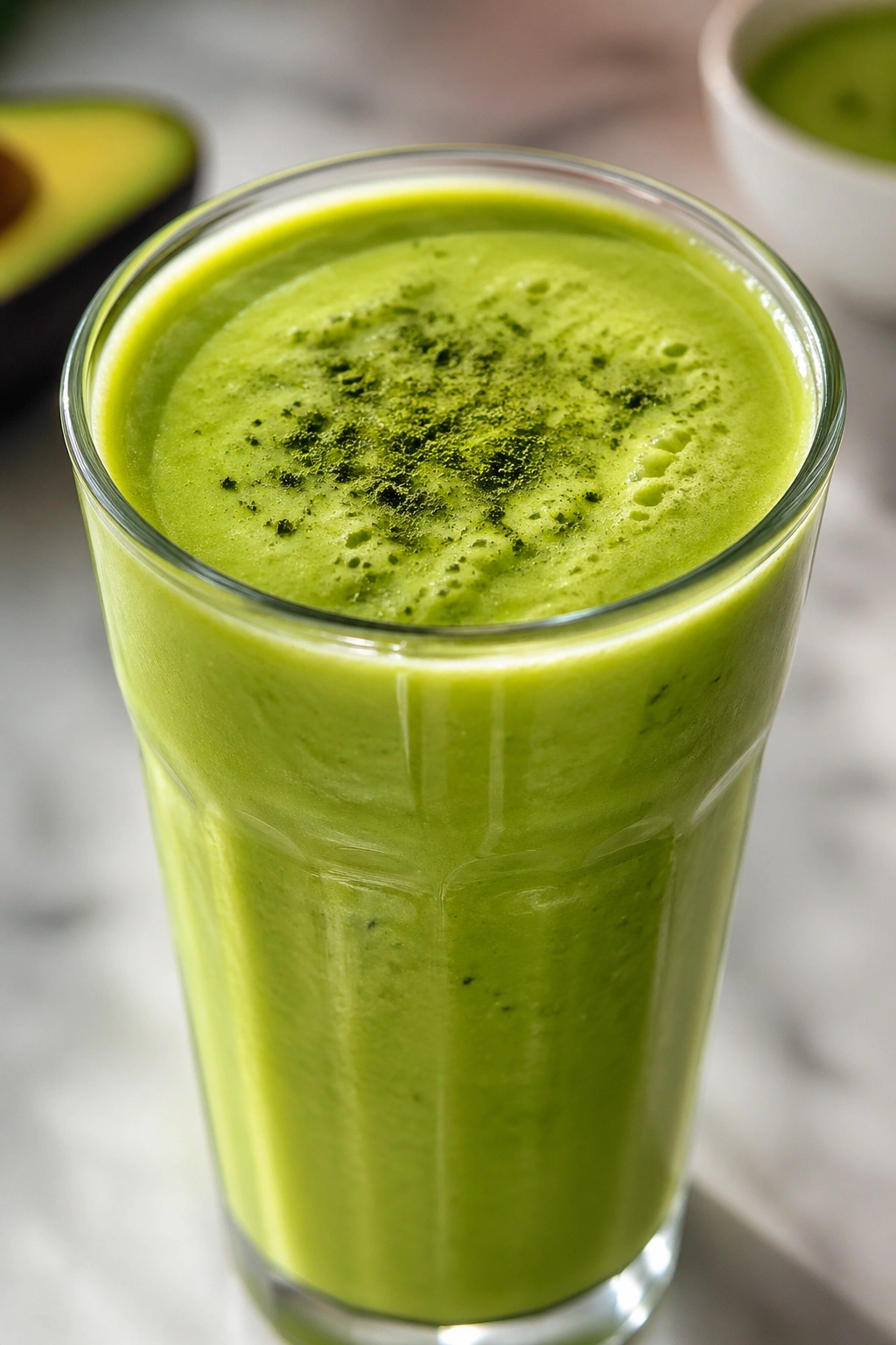 Close-up of bright green avocado matcha smoothie in a glass.