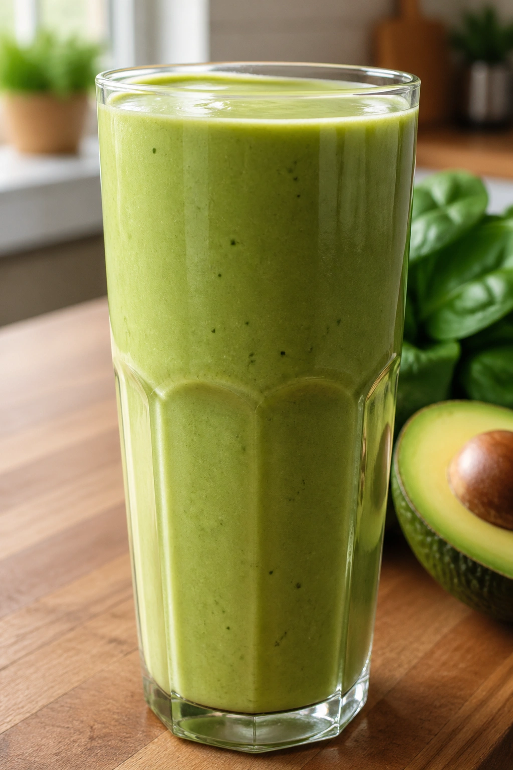 Close-up of avocado spinach vanilla smoothie in glass on wooden counter
