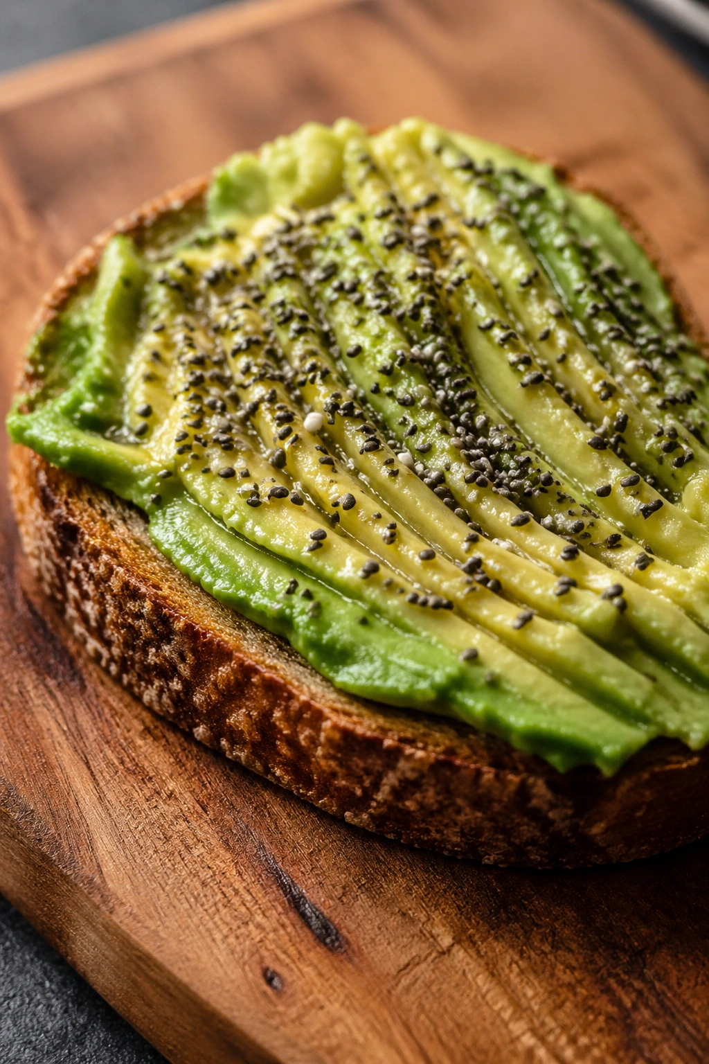 Close-up of avocado toast with chia seeds on a wooden board