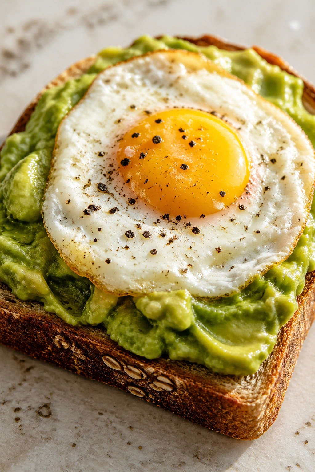 Close-up of avocado toast with egg on a wooden board