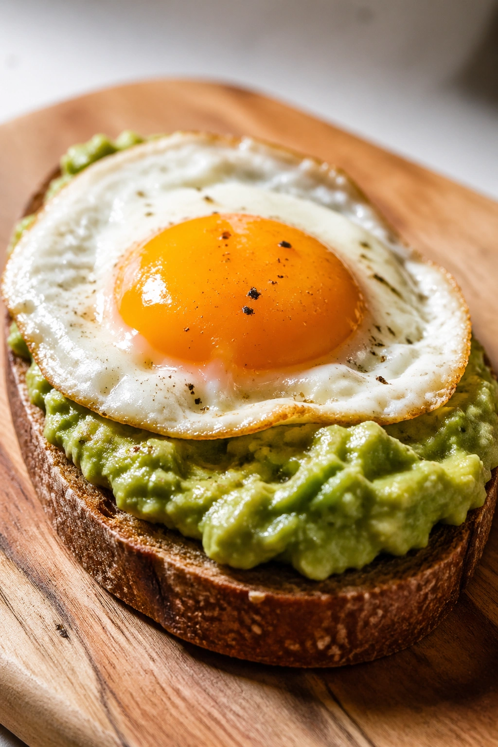 Avocado toast with egg on a wooden board in a bright kitchen