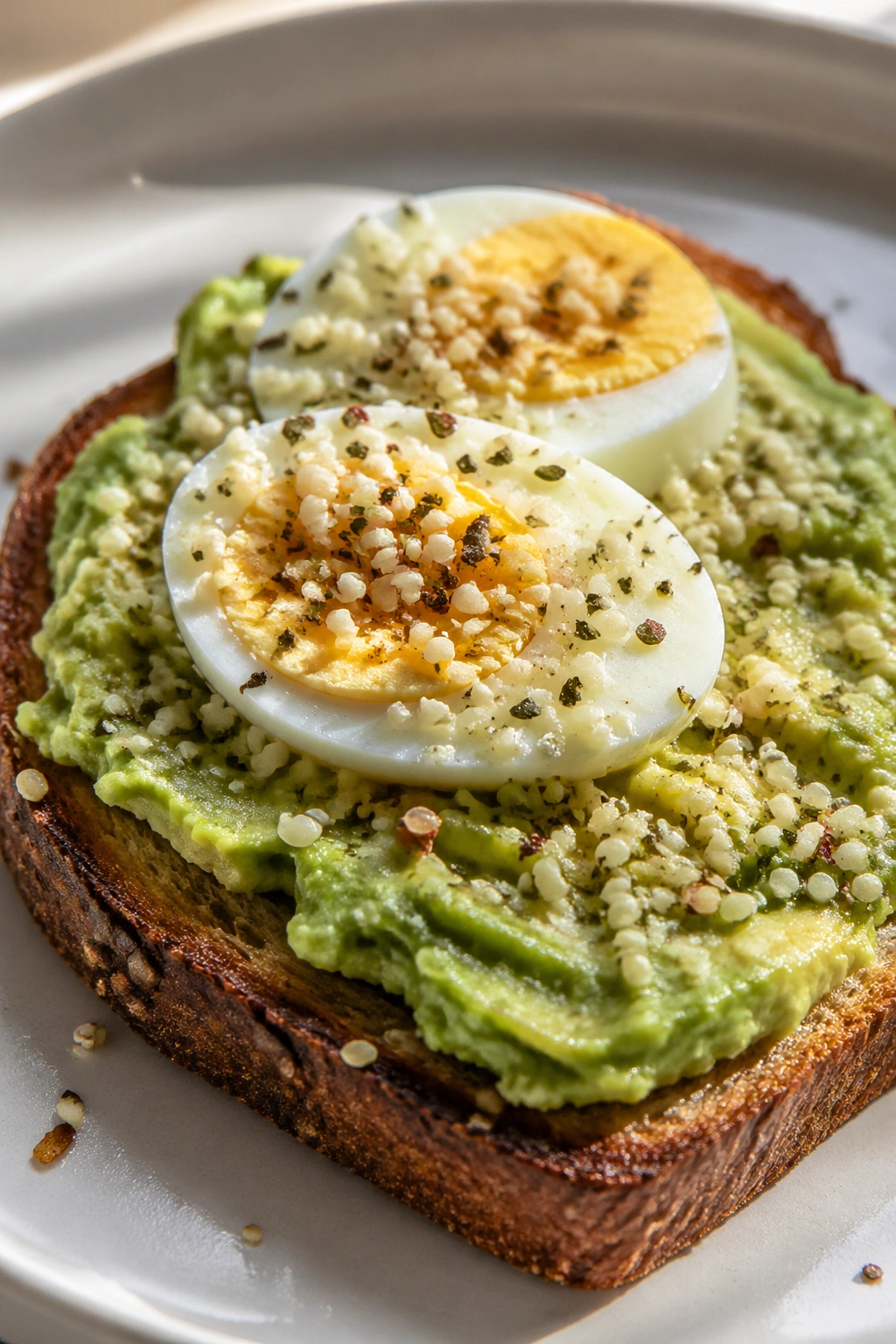 Close-up of avocado toast with hard-boiled egg halves and hemp seeds