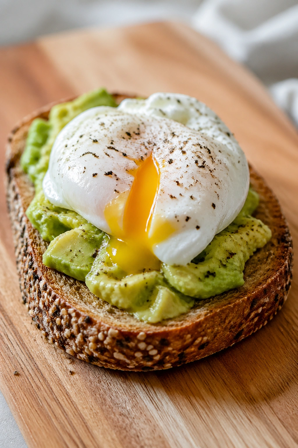 Close-up avocado toast with poached egg