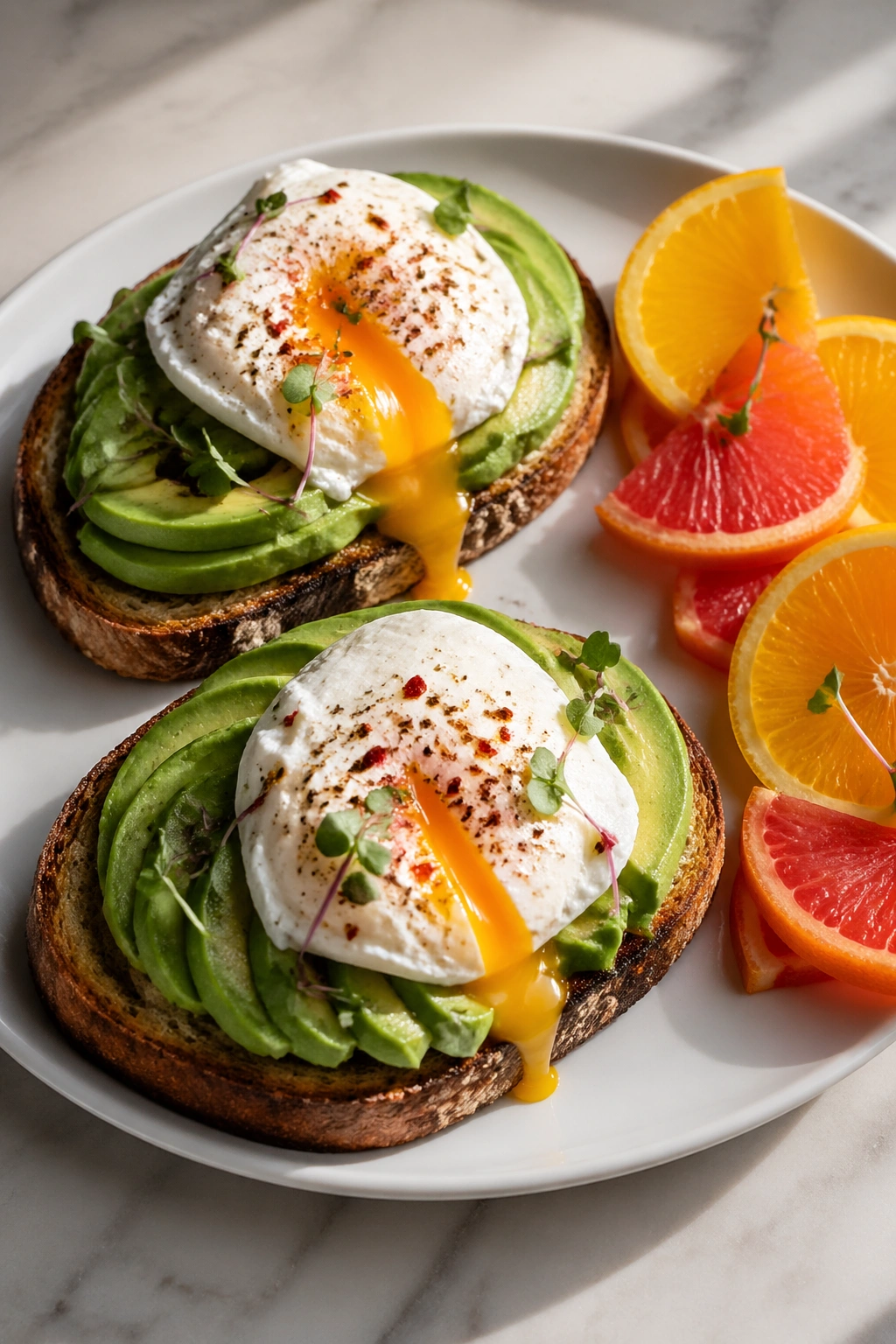 Avocado toast with poached eggs and citrus on a plate