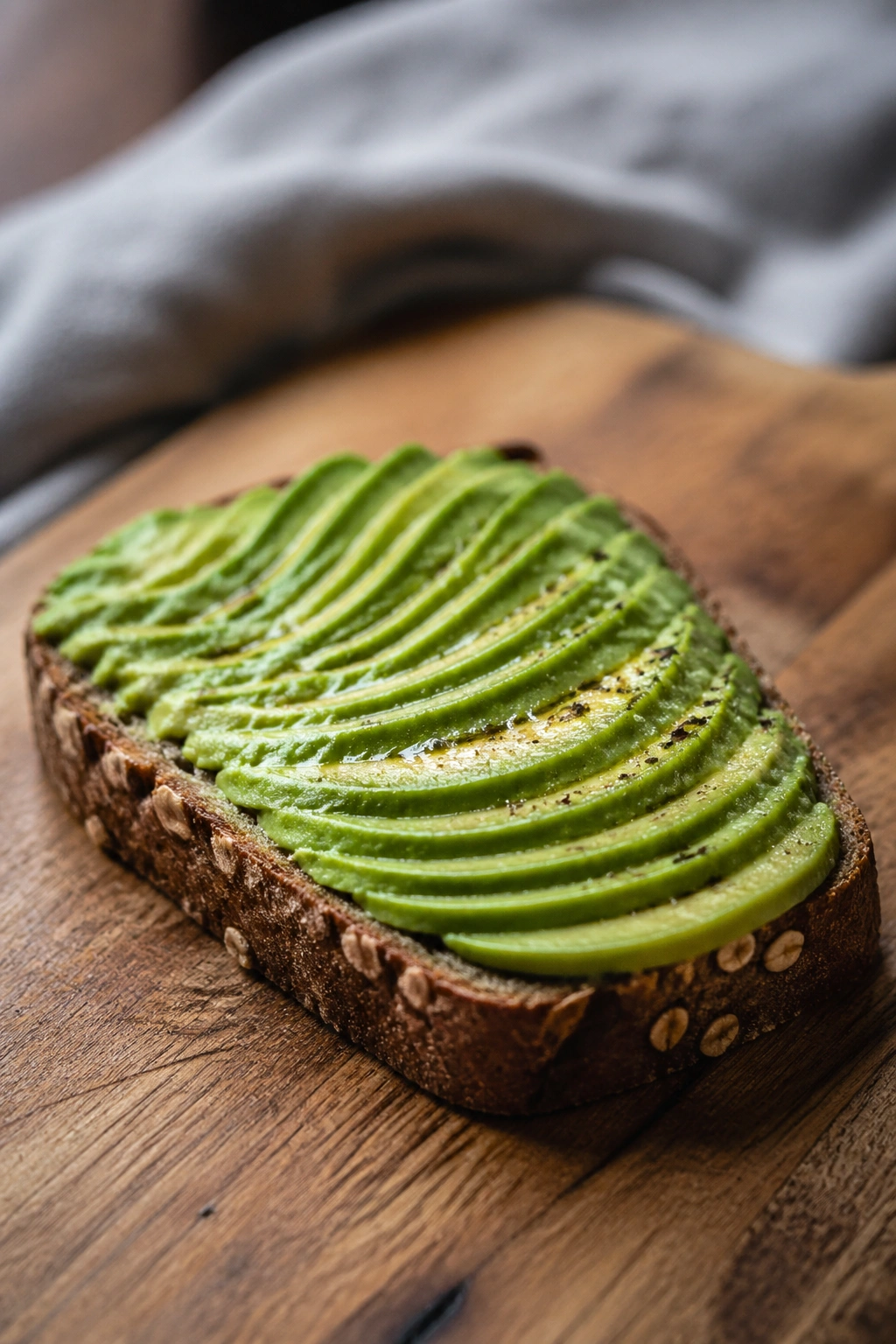 Close-up of avocado toast on a wooden board.