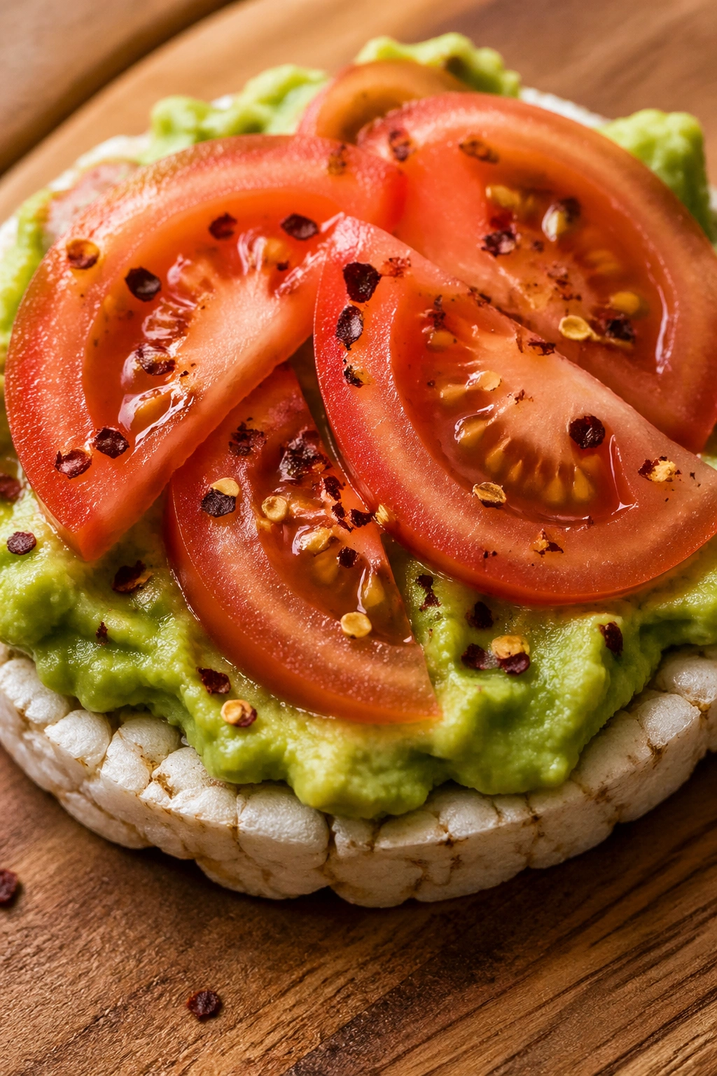Rice cake with avocado mash, tomato slices, and chili flakes
