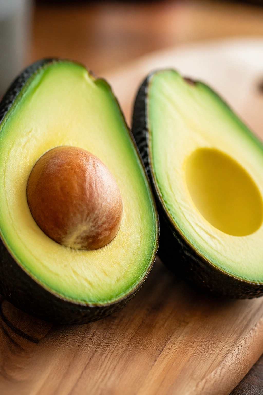 Close-up of two avocado halves showing bright green flesh on a cutting board.