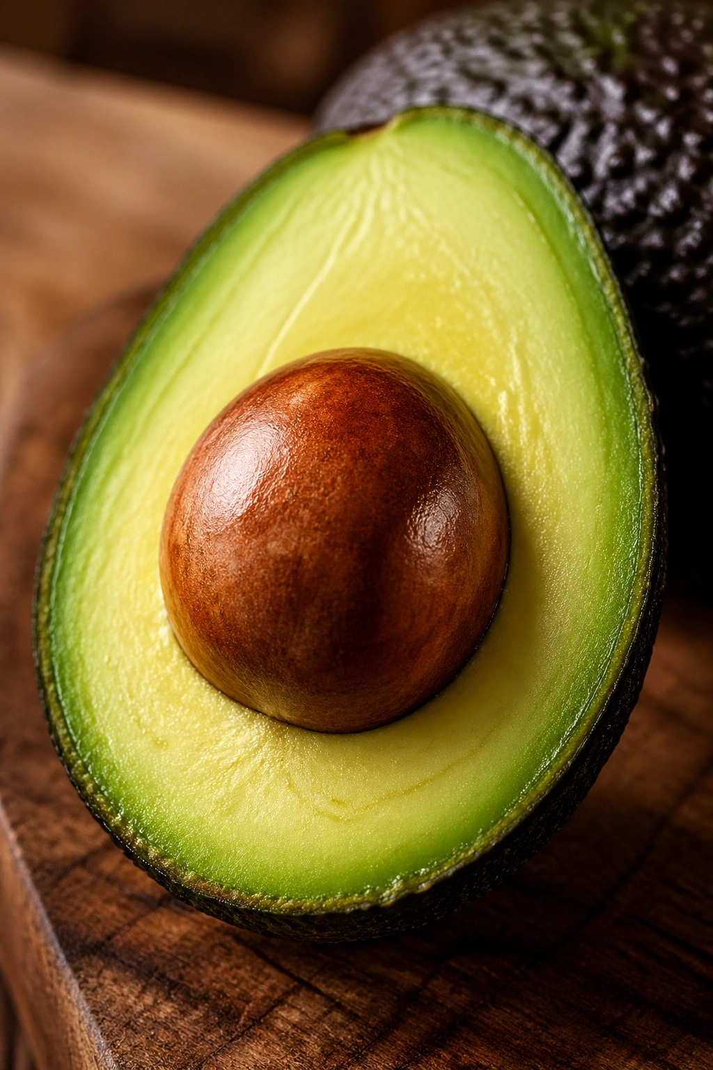Close-up of halved avocado showing creamy green flesh on a rustic cutting board