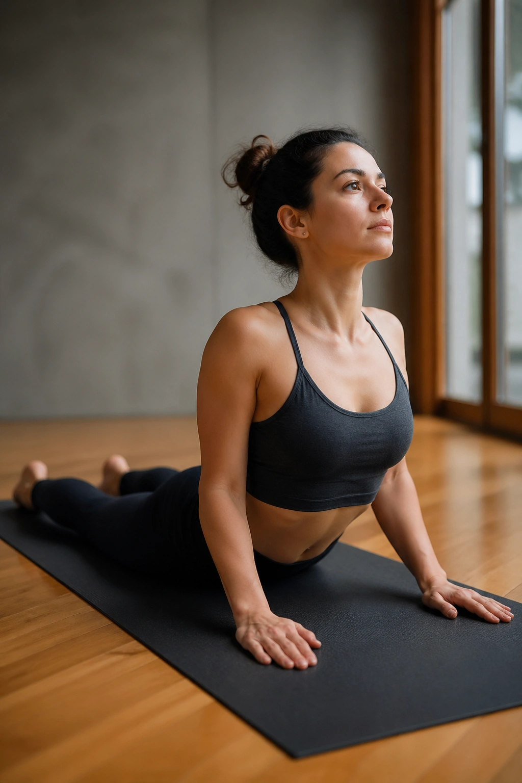 Close-up of a person doing Baby Cobra on a yoga mat
