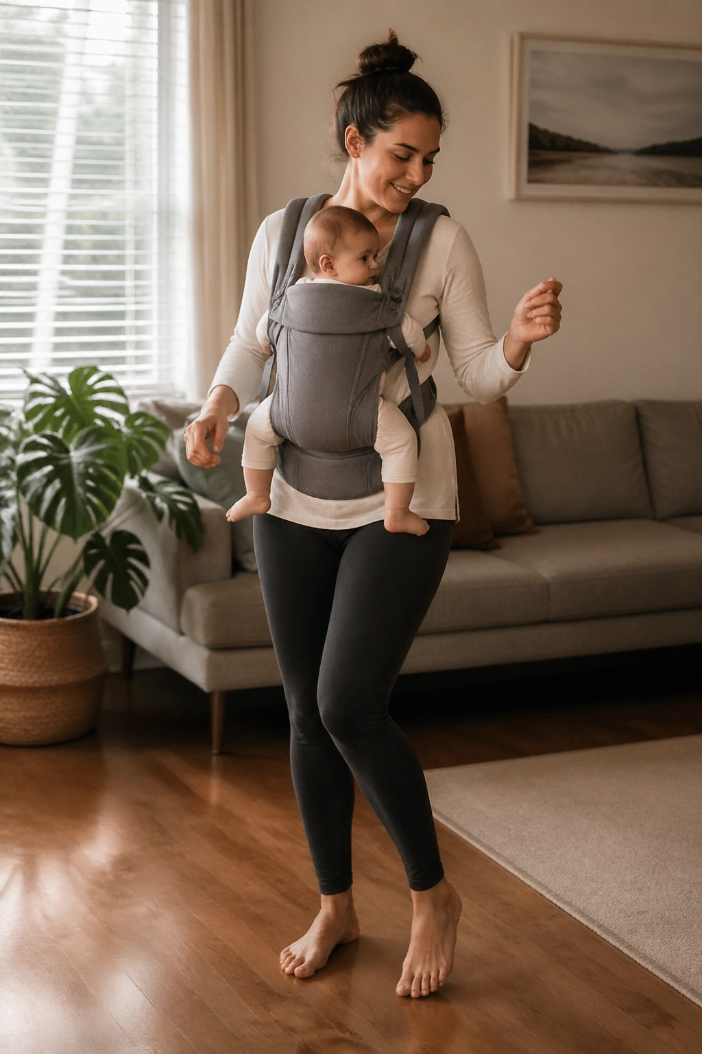 Parent wearing baby in carrier, walking gently in a living room