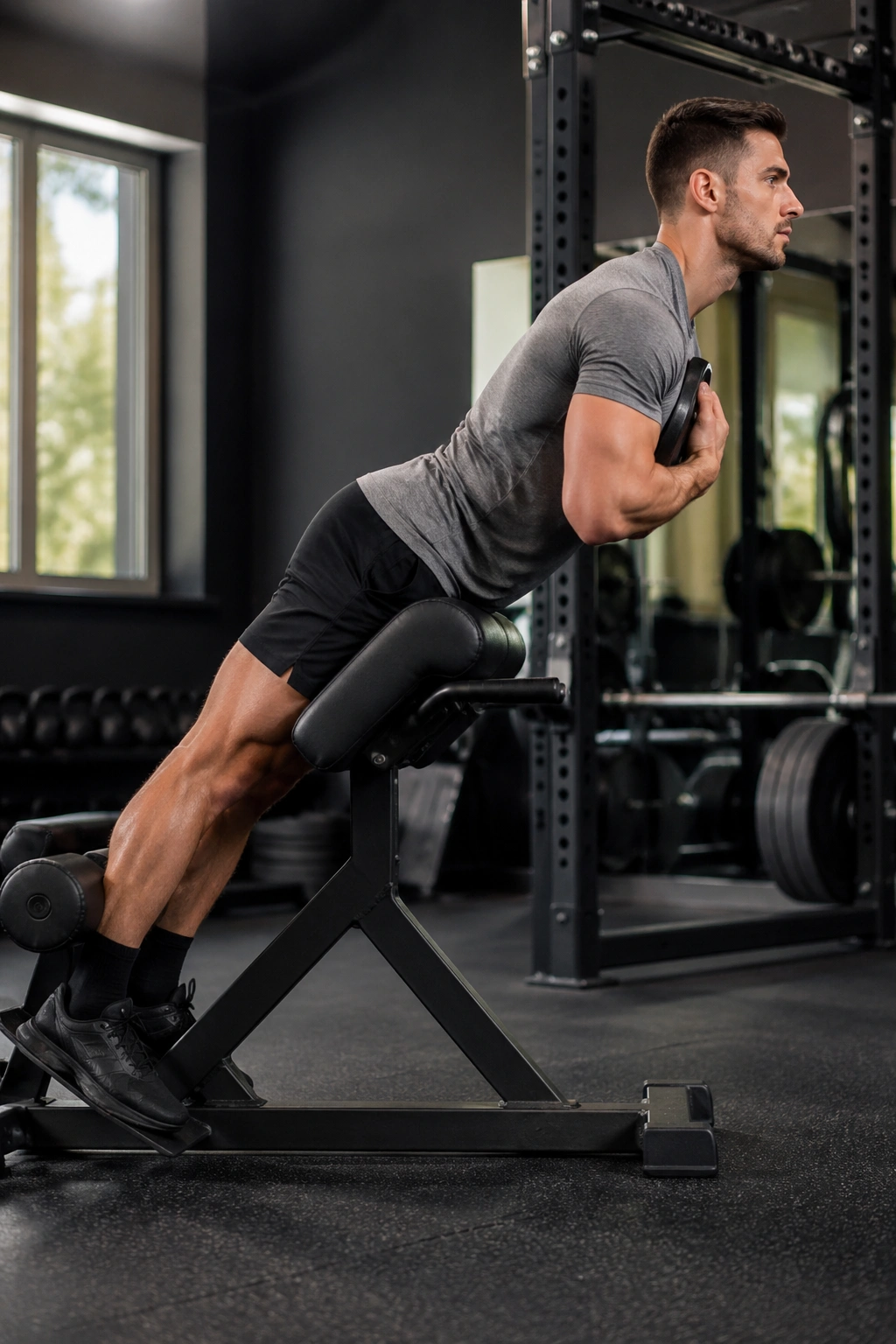 Person on a 45-degree back extension bench performing hip-driven glute extension
