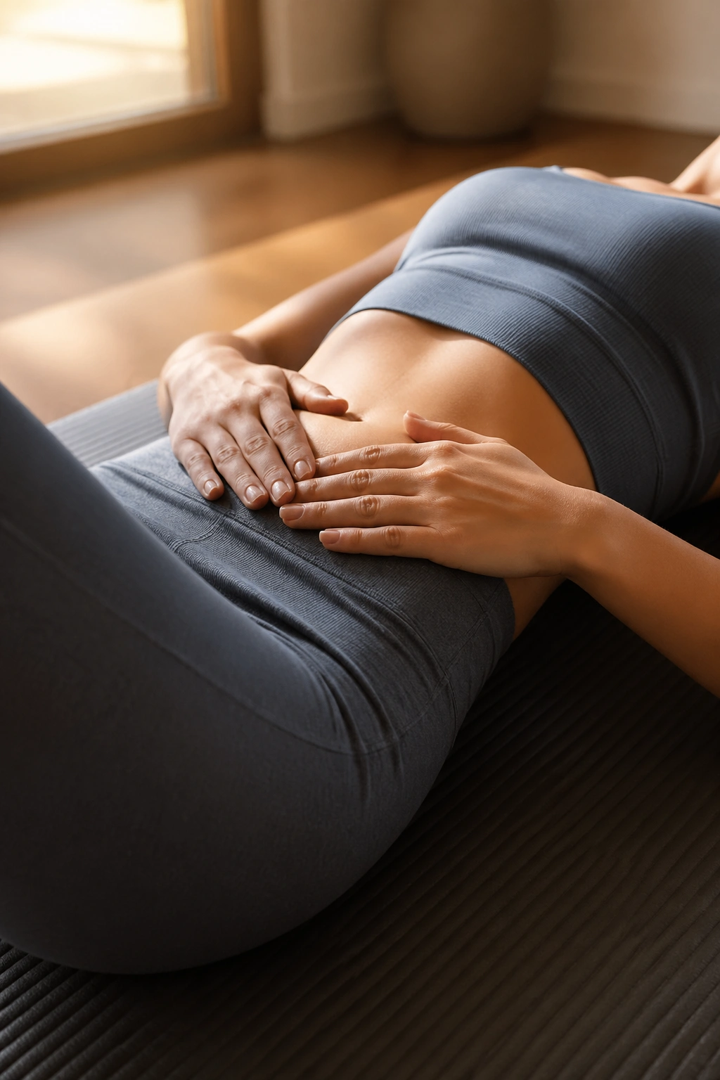 Close-up torso on Pilates mat demonstrating breath and core engagement for lower back relief