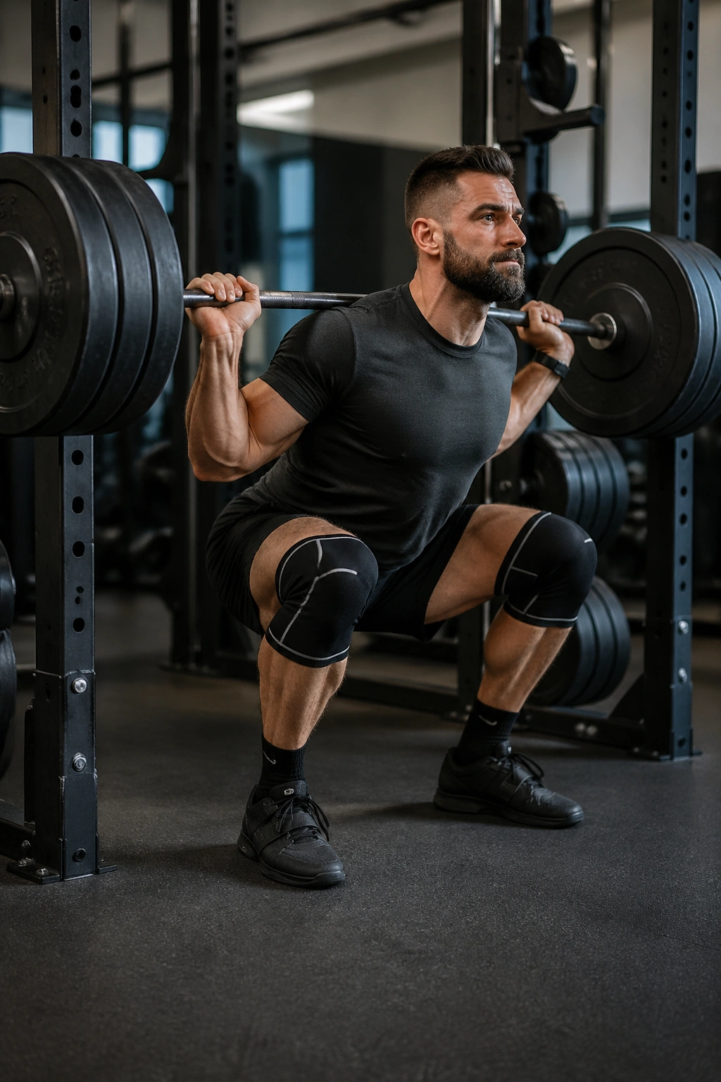 Close-up of lifter performing a back squat with barbell on the upper back in a gym