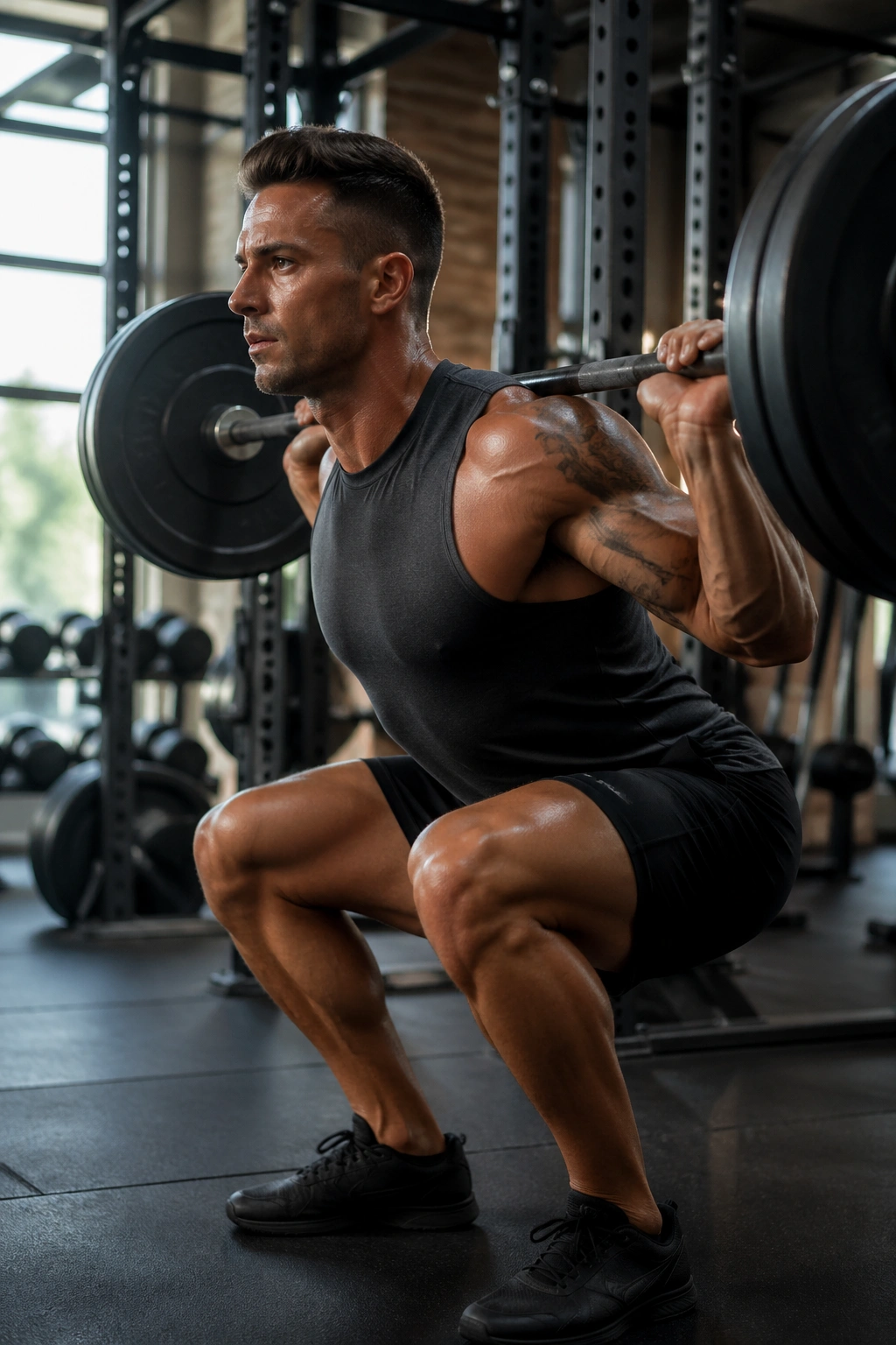 Medium close-up of lifter performing a back squat with barbell in a gym