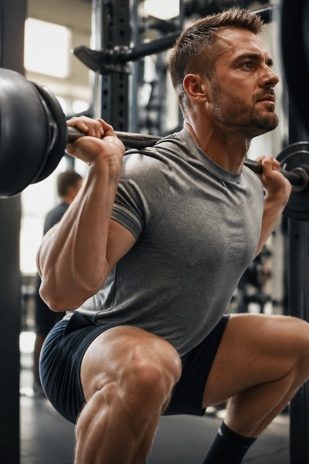 Close-up of lifter doing back squat with barbell on upper back in gym