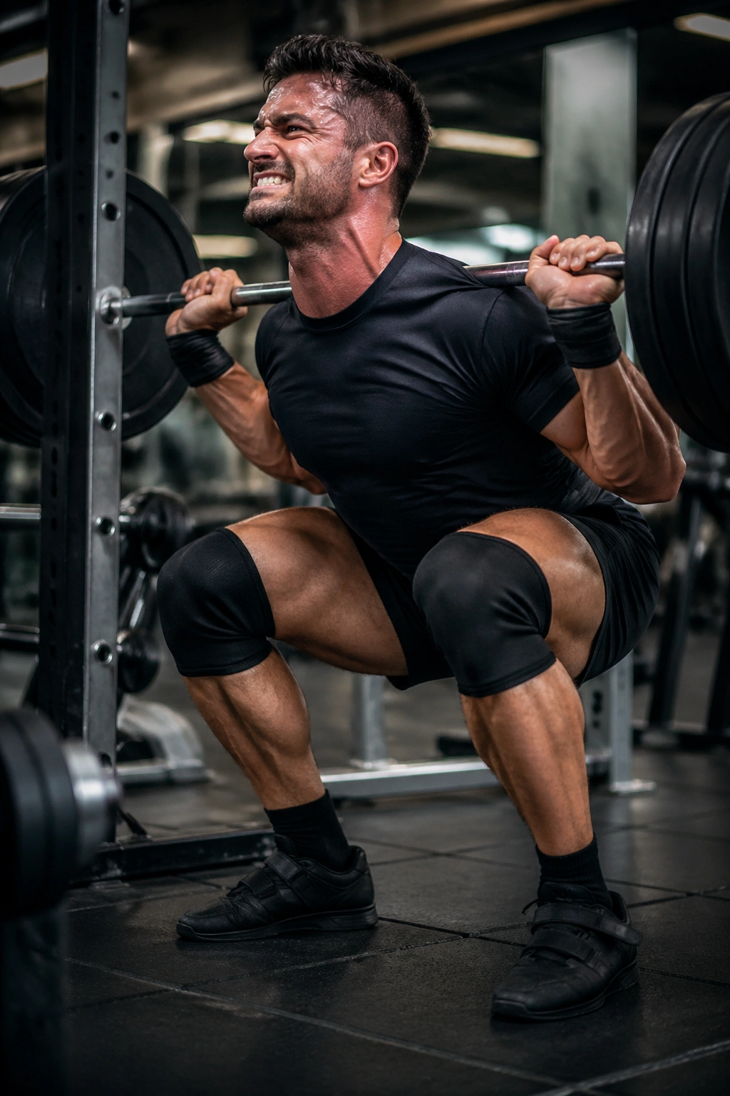 Close-up of lifter bracing for a heavy back squat in a gym