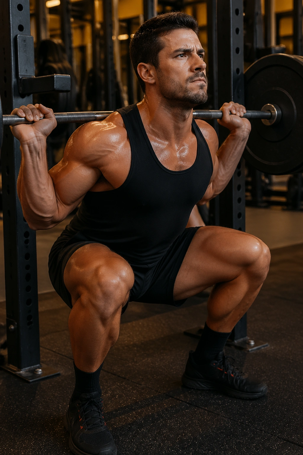 Close-up of lifter performing heavy back squat in gym focusing on bar path and brace