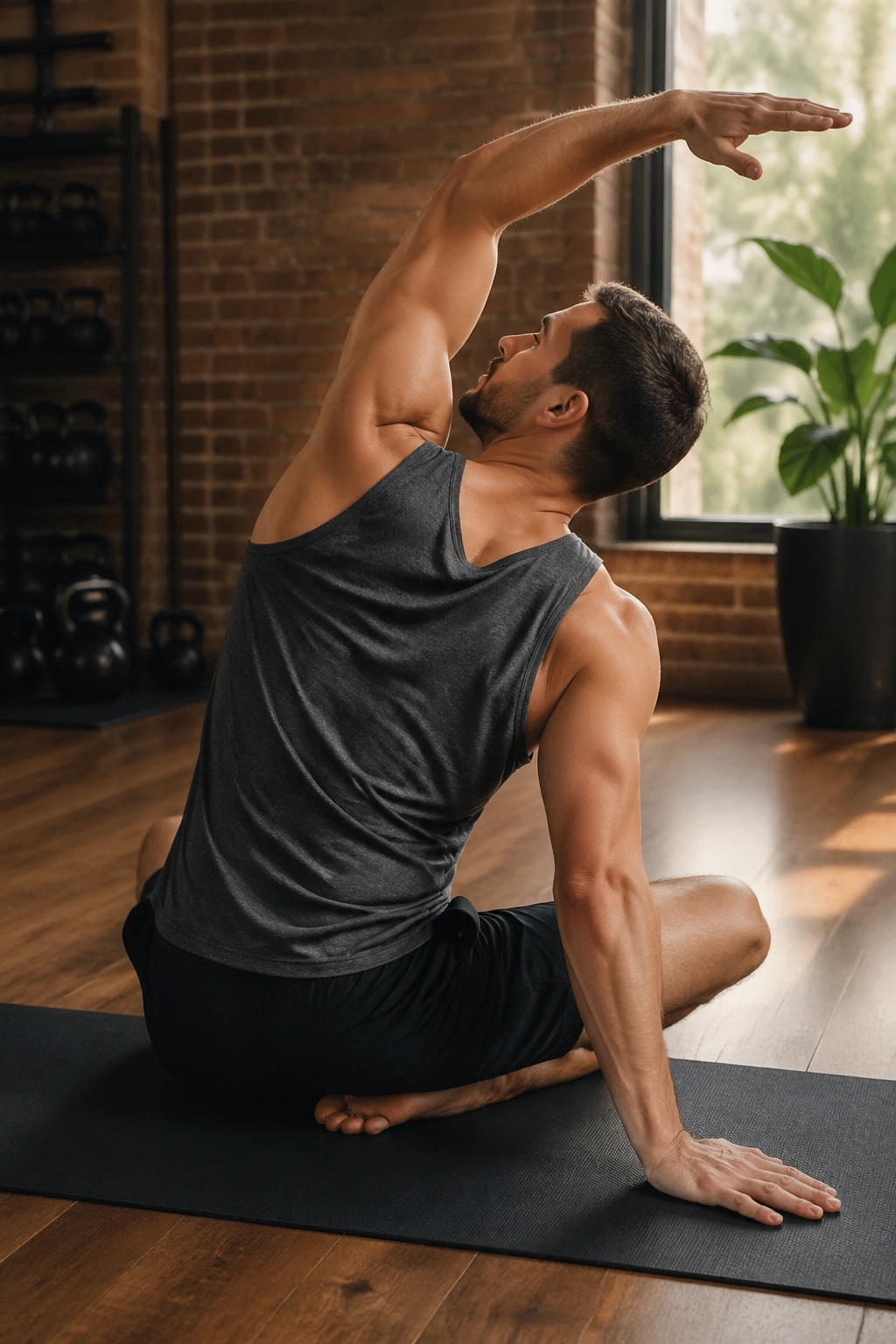 Close-up of a person performing a back stretch in a gym, highlighting thoracic mobility