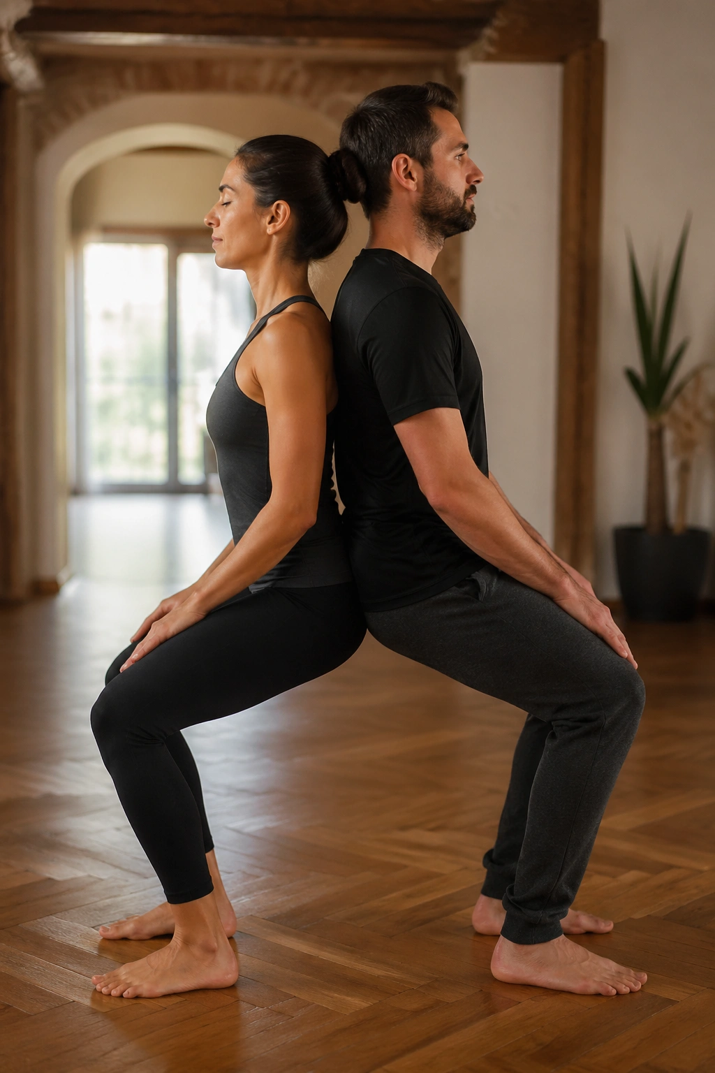 Two people in back-to-back chair pose in a warm indoor space