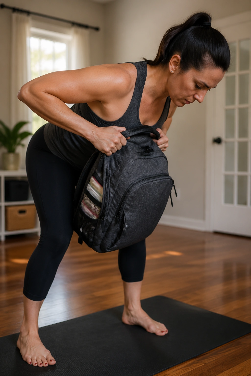 Close-up of a person performing backpack bent-over rows in a home setting