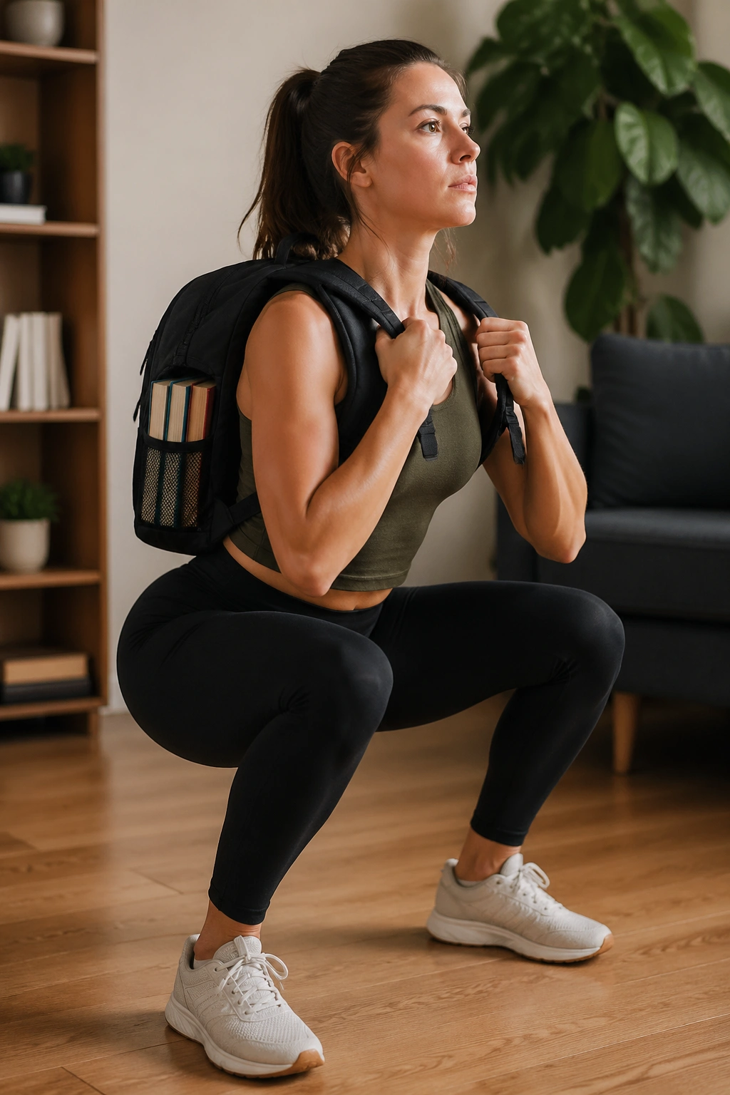 Person with backpack performing a squat in a home setting
