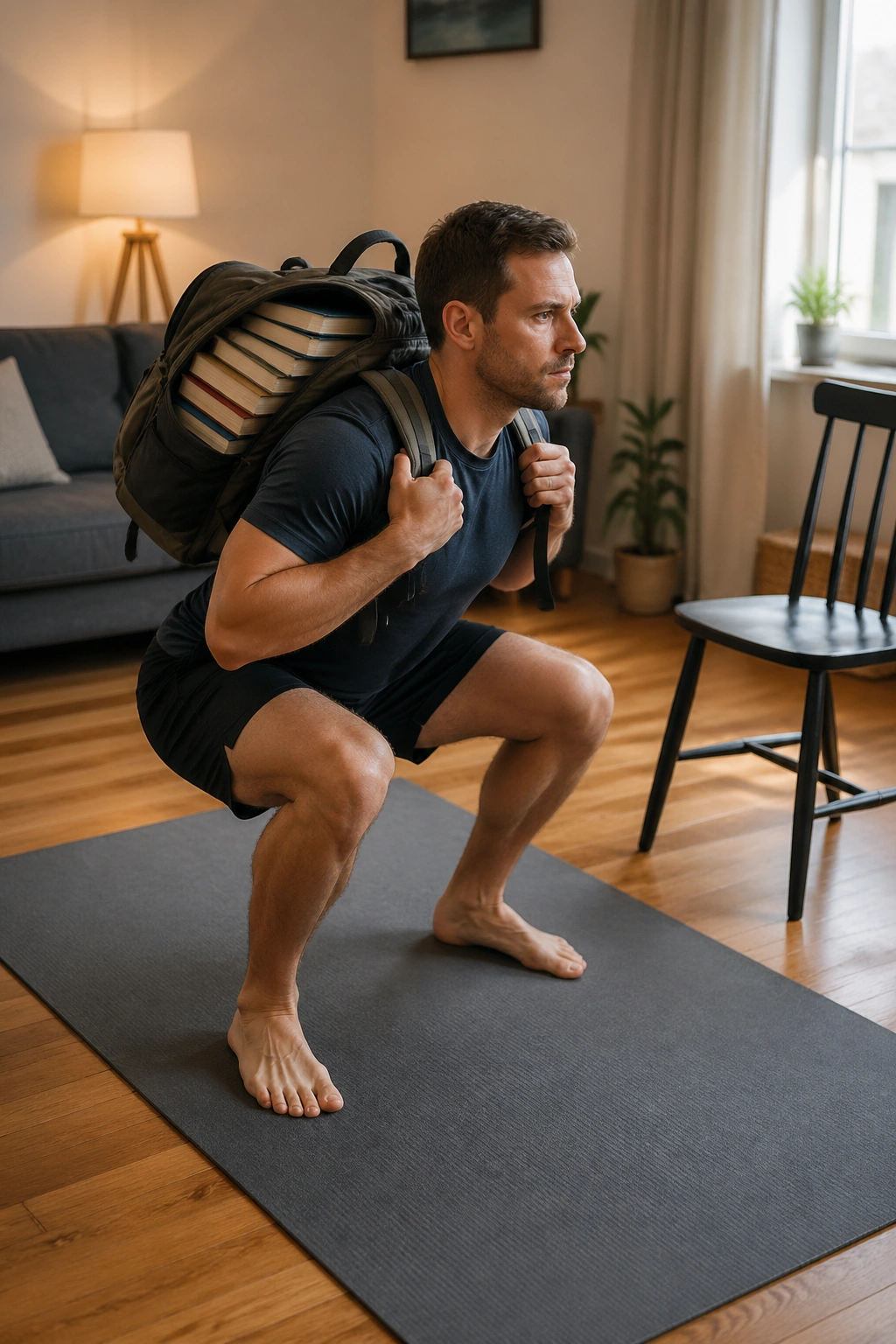 Person doing backpack squats at home with a loaded backpack