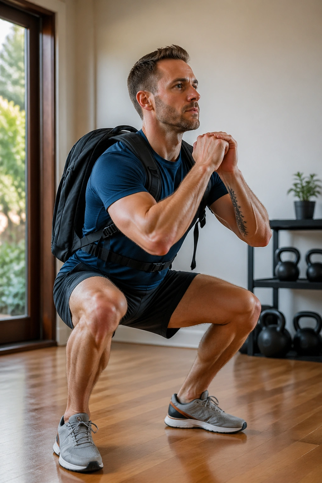 Person performing backpack thruster in a home gym corner