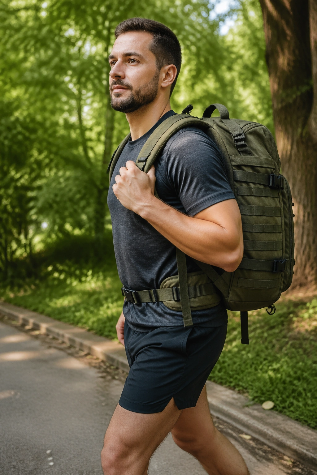 Person walking outdoors with a loaded backpack