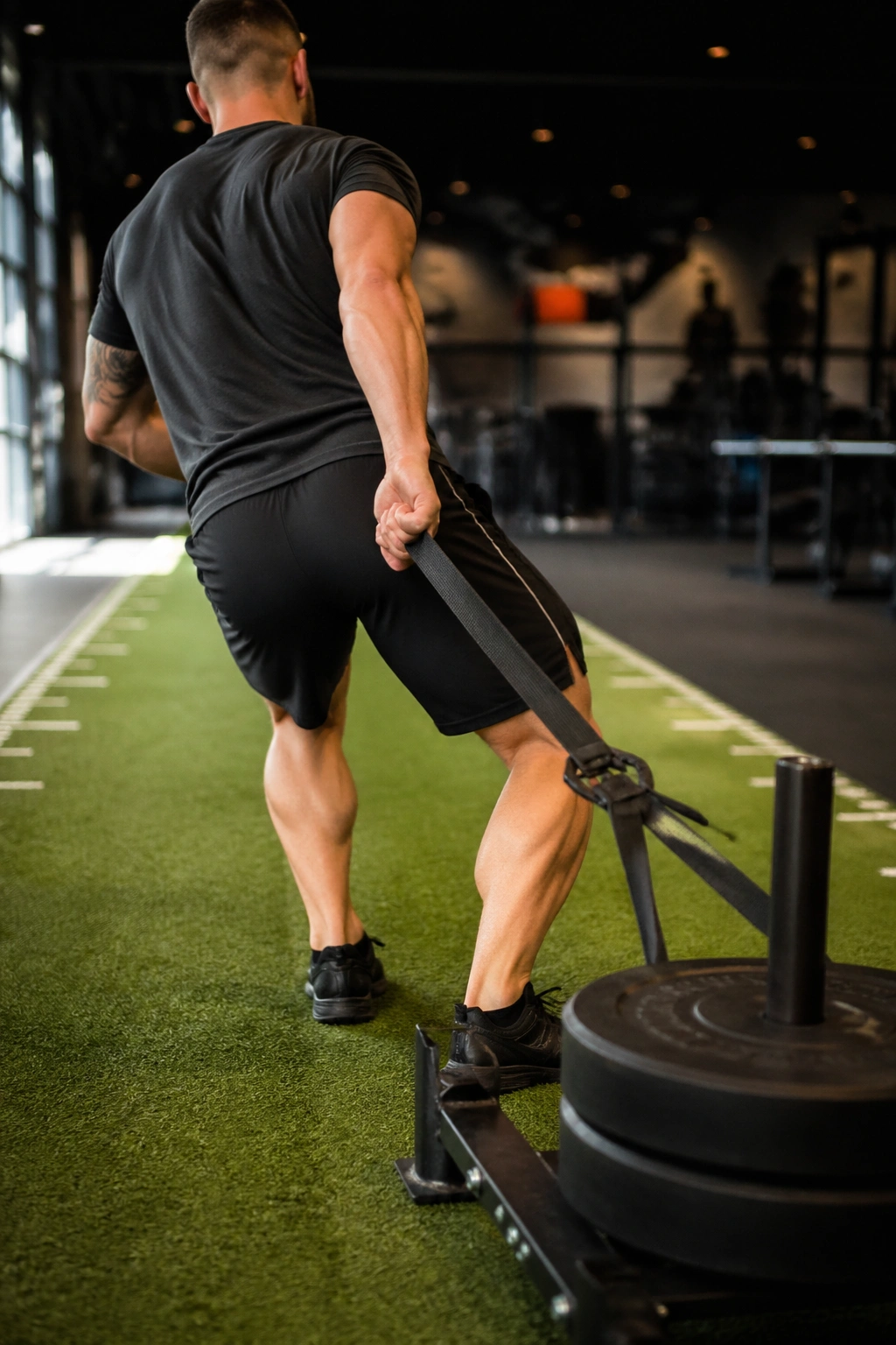 Back view of athlete performing backward sled drag on turf in gym, showcasing quad-focused movement