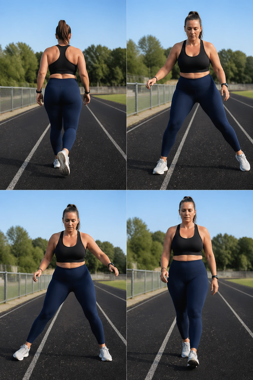 Real person performing backward and side-step intervals on track