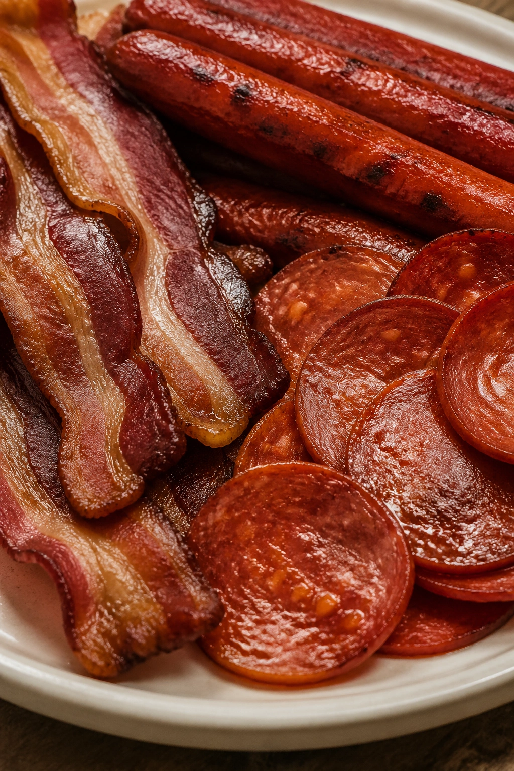 Close-up of bacon and pepperoni slices on a plate.