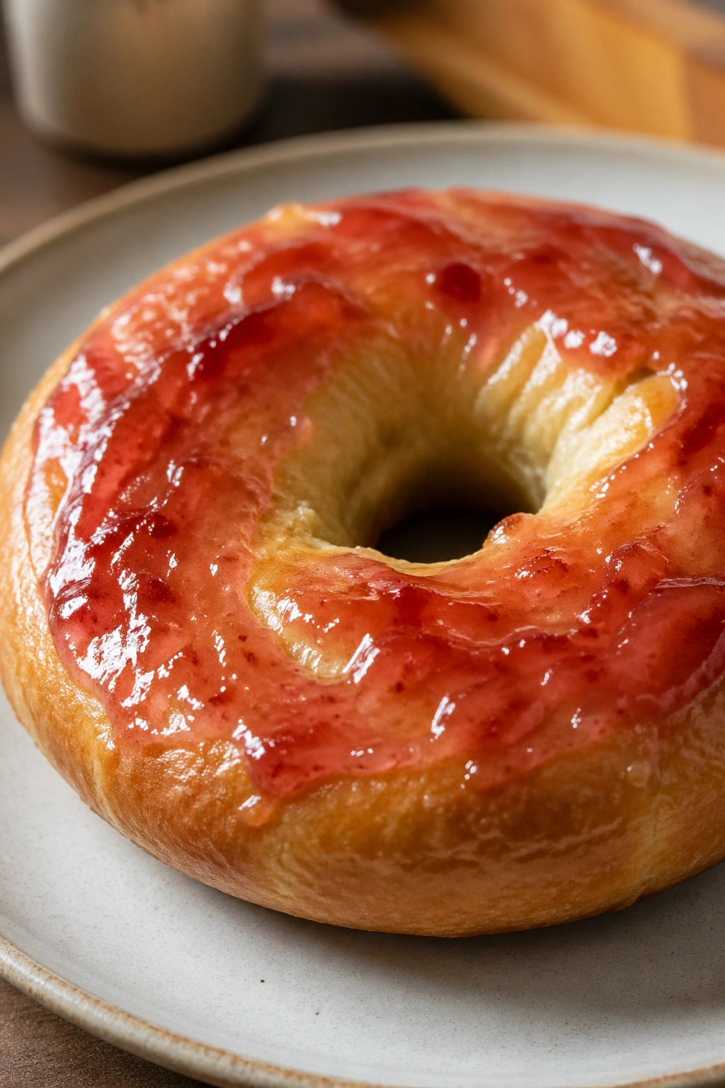 Close-up of a plain bagel on a plate with jam