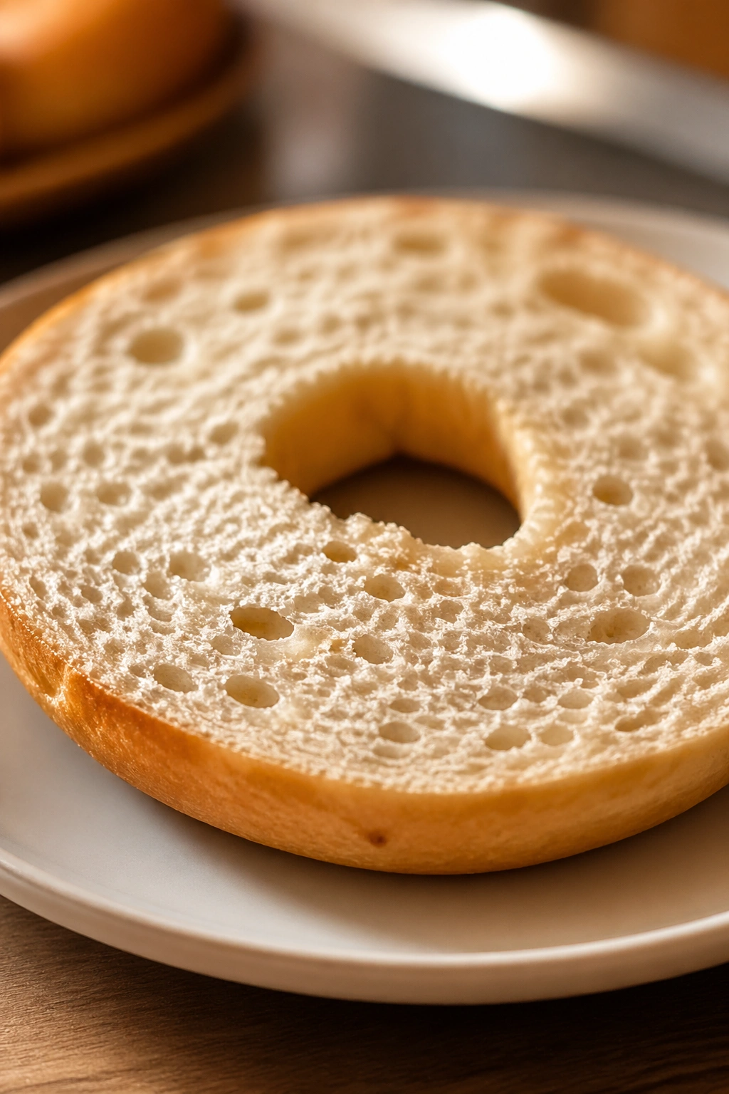 Plain bagel half on a plate in kitchen light