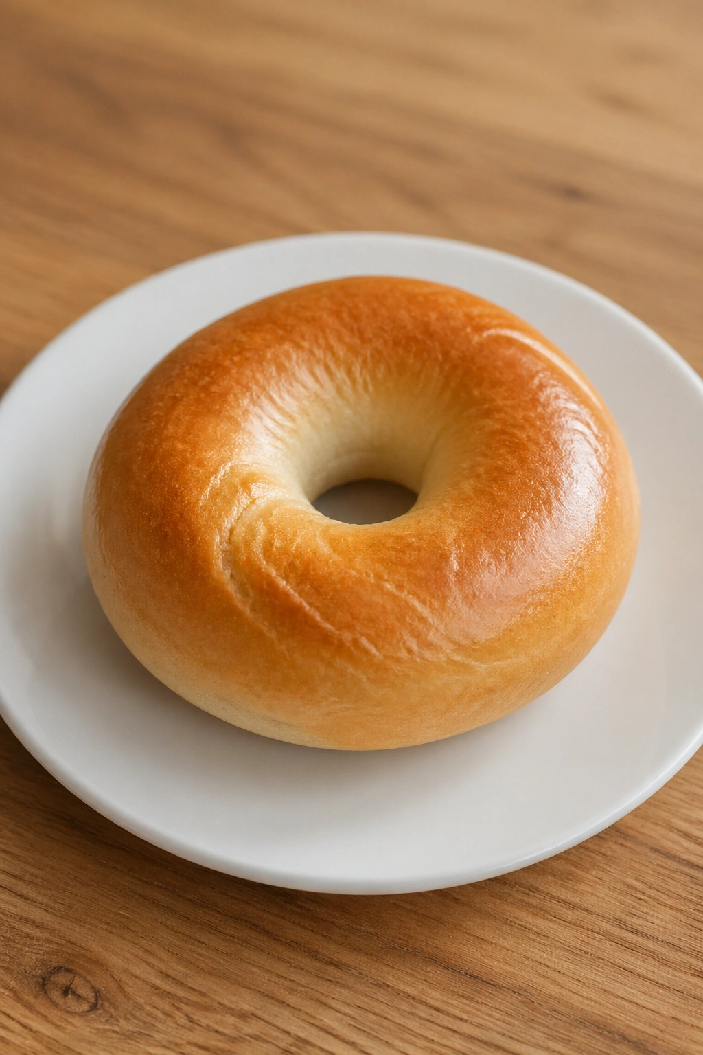 Plain bagel centered on a plate with soft kitchen background