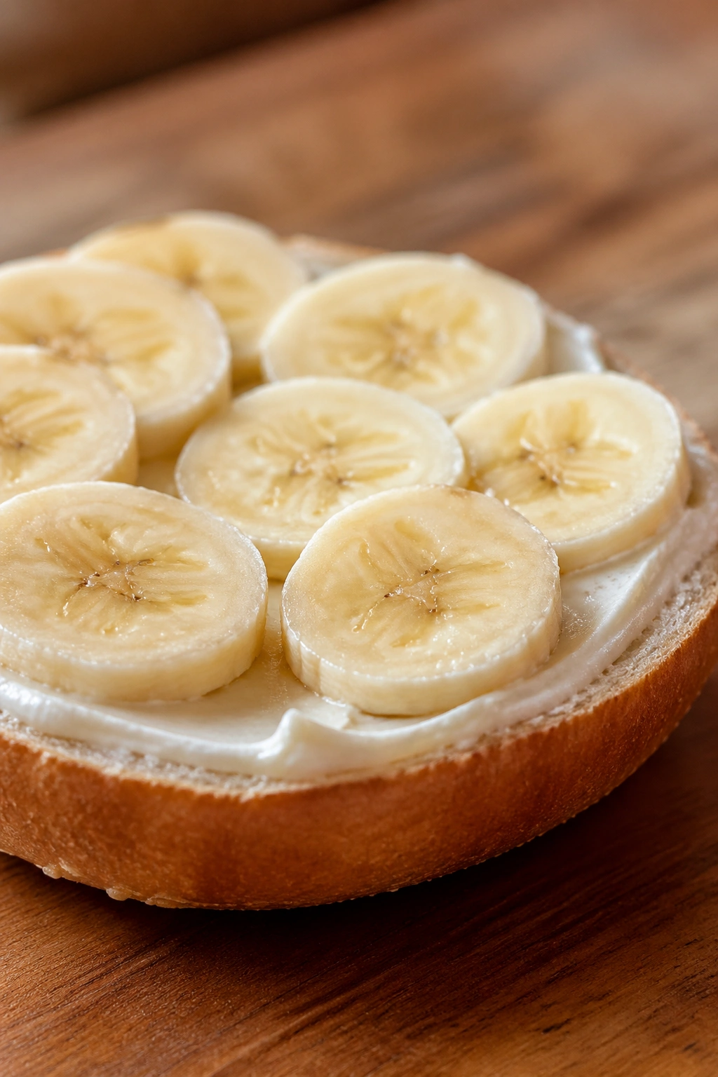 Half bagel with cream cheese and banana slices on a plate
