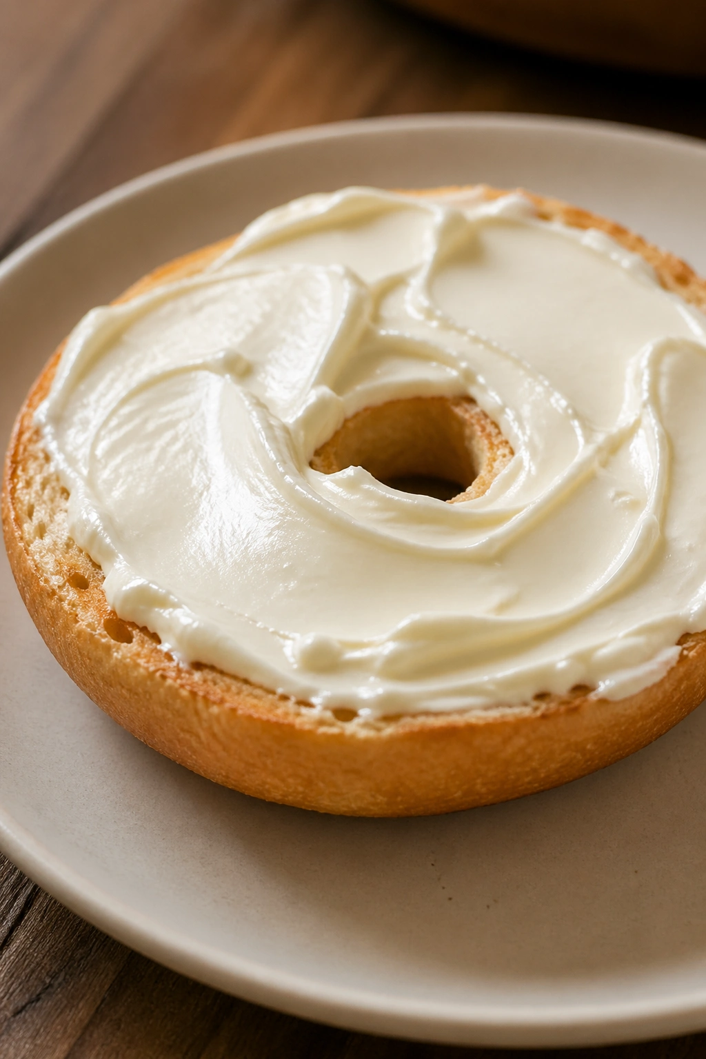 Close-up of bagel half with cream cheese on a plate