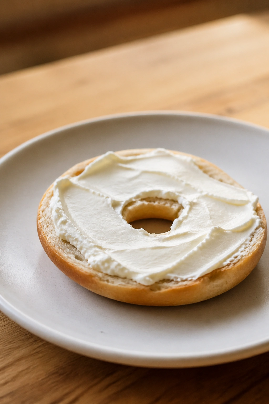 Close-up of a small bagel half with cream cheese on a plate for a pre-workout snack.